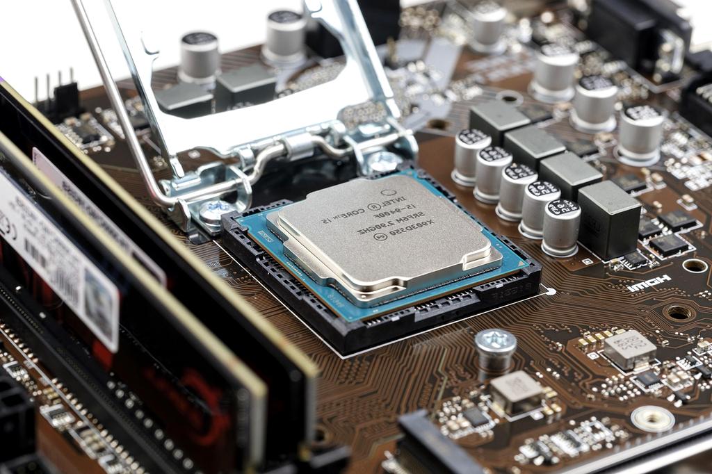 Close-up of a modern CPU chip on a motherboard