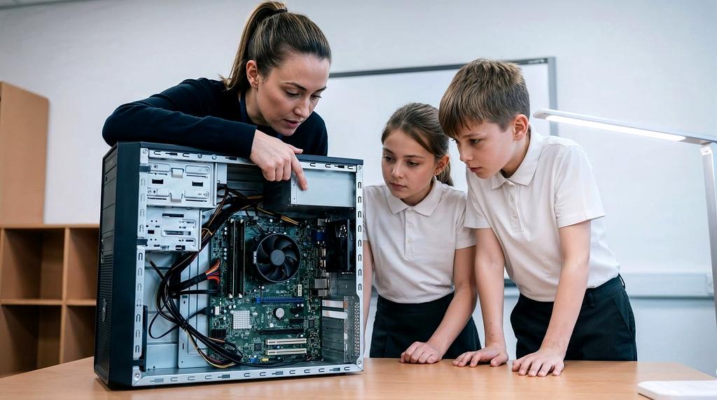 Hands assembling motherboard inside PC case